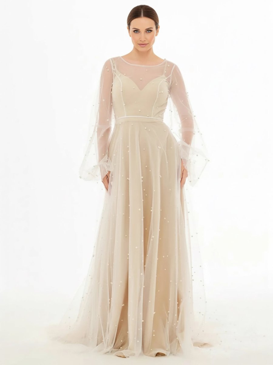 Franceska | Simple Modest A - Line Long Sleeve Tulle Elopement Illusion Wedding Dress with Pearl - KissProm