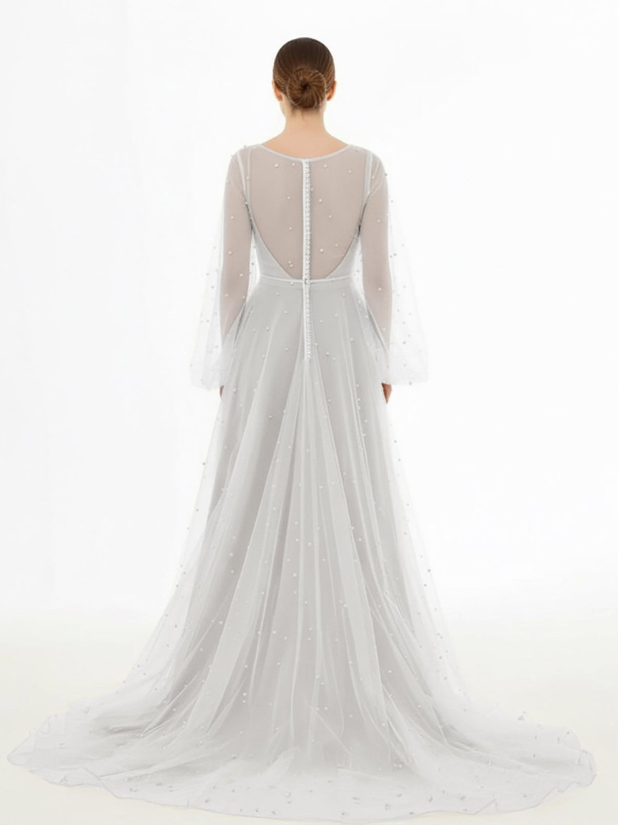 Franceska | Simple Modest A - Line Long Sleeve Tulle Elopement Illusion Wedding Dress with Pearl - KissProm