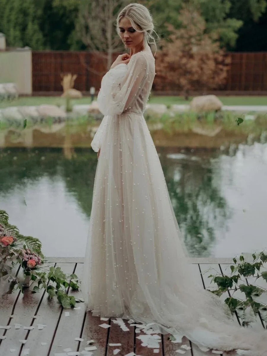 Franceska | Simple Modest A - Line Long Sleeve Tulle Elopement Illusion Wedding Dress with Pearl - KissProm