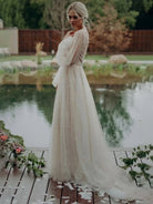 Franceska | Simple Modest A - Line Long Sleeve Tulle Elopement Illusion Wedding Dress with Pearl - KissProm