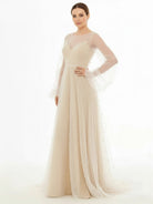 Franceska | Simple Modest A - Line Long Sleeve Tulle Elopement Illusion Wedding Dress with Pearl - KissProm