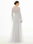 Franceska | Simple Modest A - Line Long Sleeve Tulle Elopement Illusion Wedding Dress with Pearl - KissProm