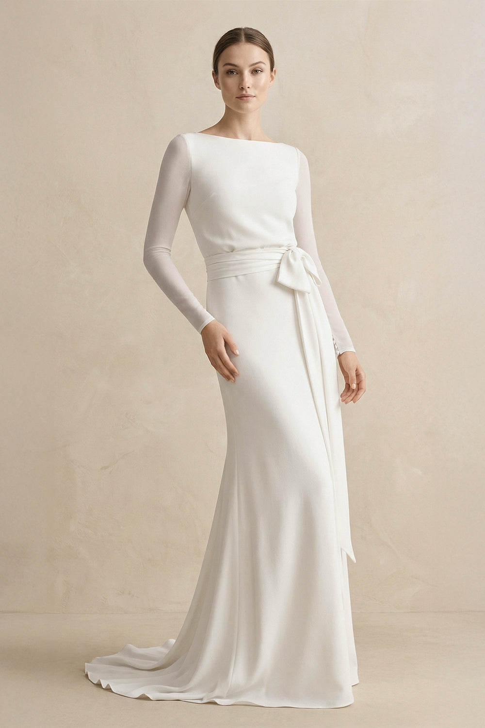 Simple Modest Chiffon Long Sleeve Wedding Dress With Decoratived Buttons and Bow– Wedding Dresses by KissProm | Available at KissProm