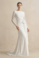 Simple Modest Chiffon Long Sleeve Wedding Dress With Decoratived Buttons and Bow– Wedding Dresses by KissProm | Available at KissProm