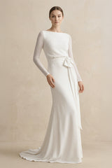 Simple Modest Chiffon Long Sleeve Wedding Dress With Decoratived Buttons and Bow– Wedding Dresses by KissProm | Available at KissProm