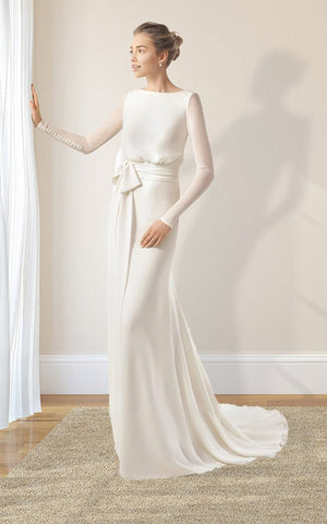 Simple Modest Chiffon Long Sleeve Wedding Dress With Decoratived Buttons and Bow