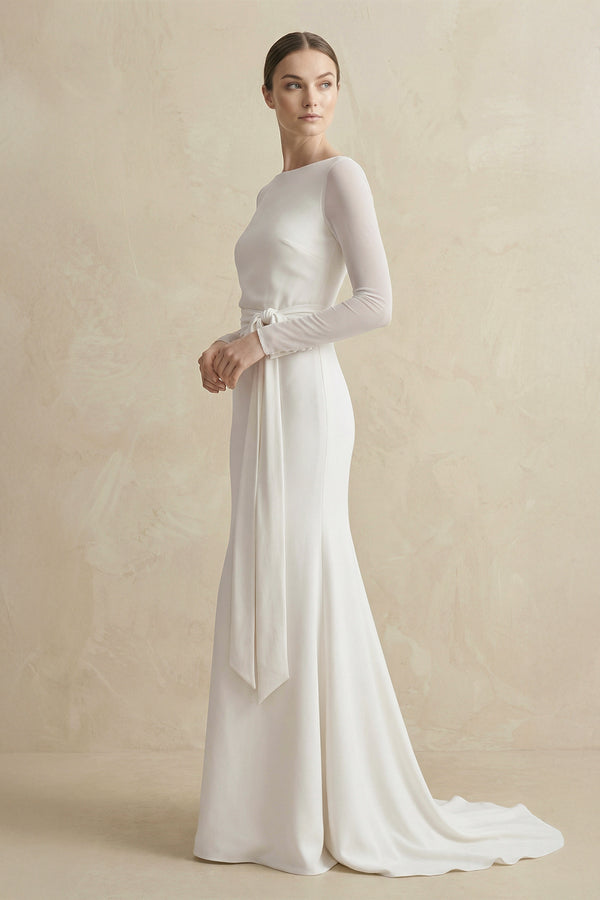 Simple Modest Chiffon Long Sleeve Wedding Dress With Decoratived Buttons and Bow– Wedding Dresses by KissProm | Available at KissProm