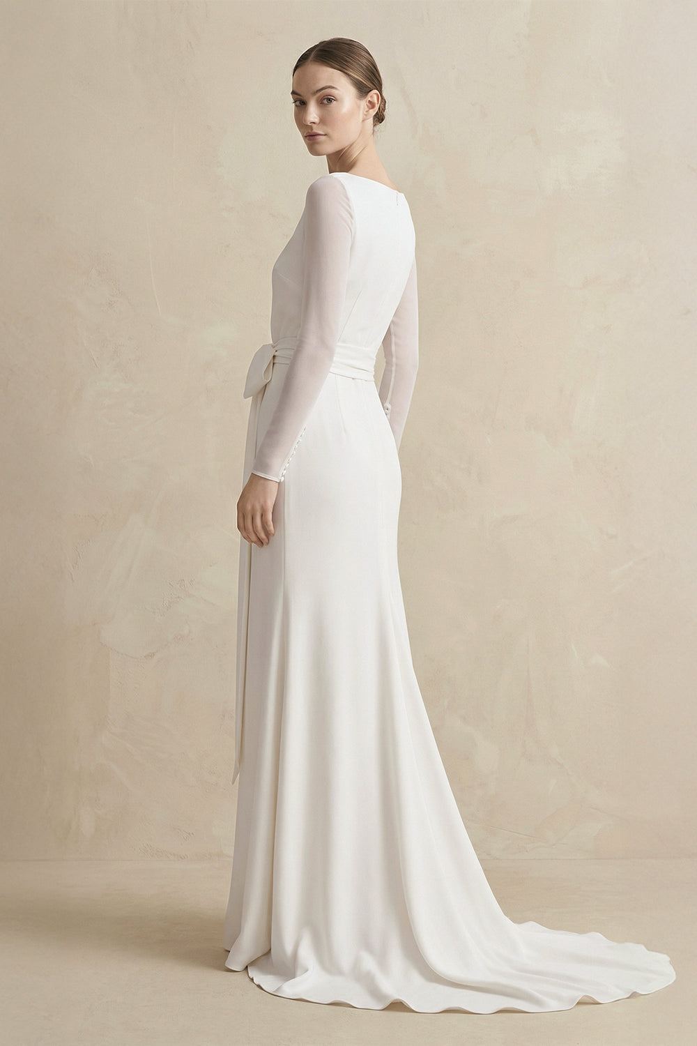 Simple Modest Chiffon Long Sleeve Wedding Dress With Decoratived Buttons and Bow– Wedding Dresses by KissProm | Available at KissProm