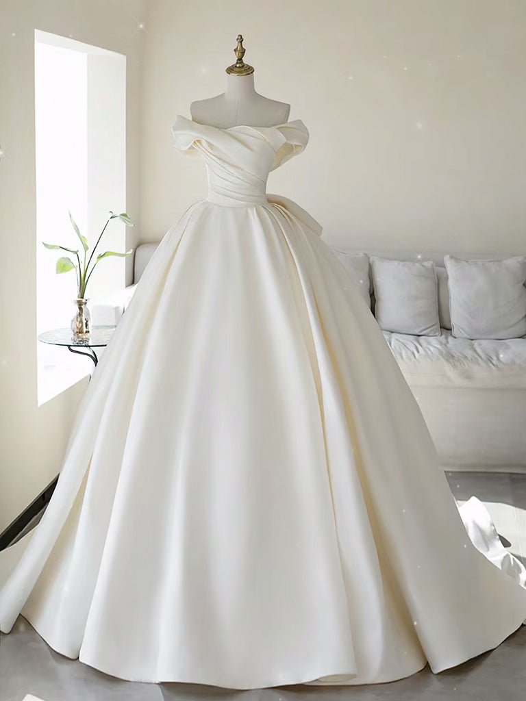 Simple A-line Off The Shoulder Satin ivory Long Wedding Dress