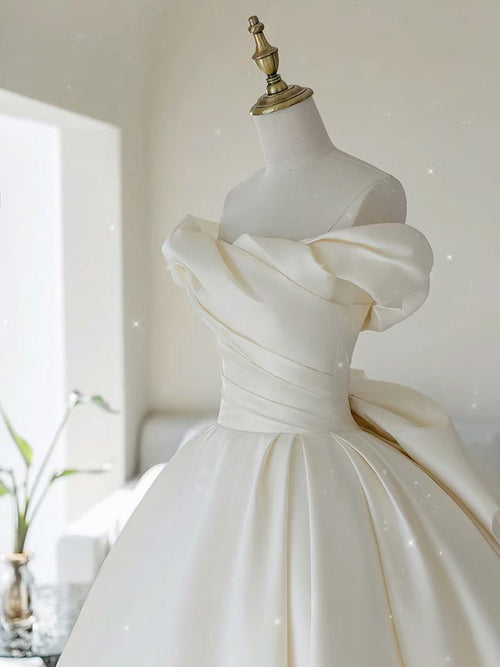 Ivory Satin and Lace Off Shoulder Long Sleeves Wedding Party Dress, Ivory Satin Formal Dress