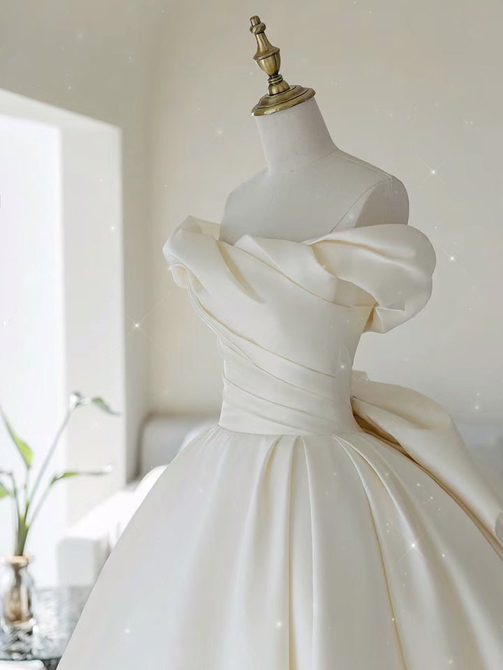 Simple A-Line Off The Shoulder Satin Ivory Long Wedding Dress, Diamond White / 2 Simple A-Line Off The Shoulder Satin Ivory Long Wedding Dress, Diamond White / 2