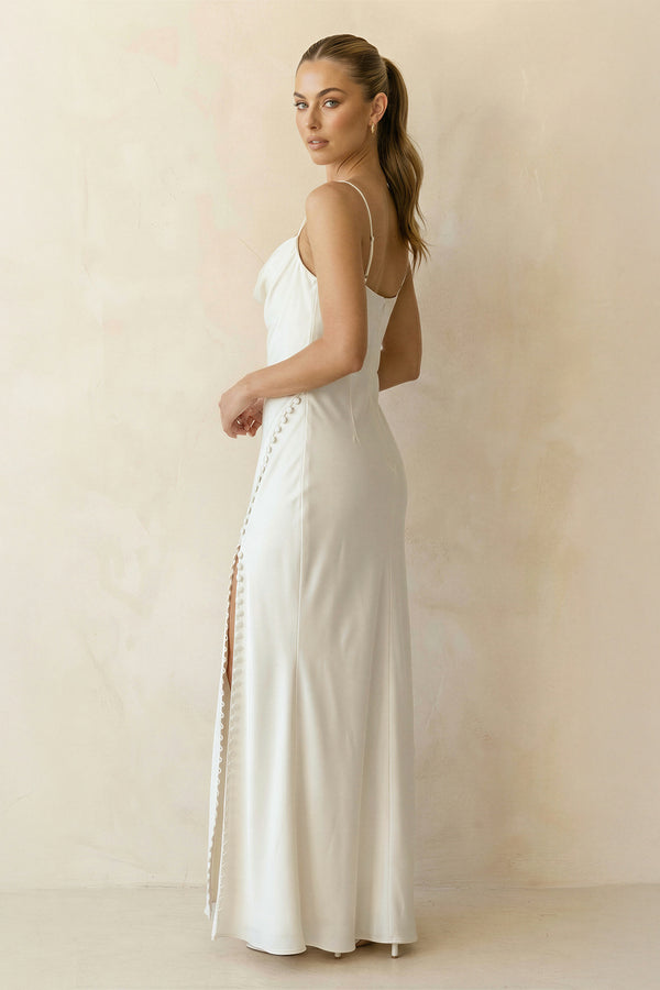 Cowl Neck Ivory Sheath Satin Wedding Dresses with Button Slit, Diamond White / 0 Cowl Neck Ivory Sheath Satin Wedding Dresses with Button Slit, Diamond White / 0