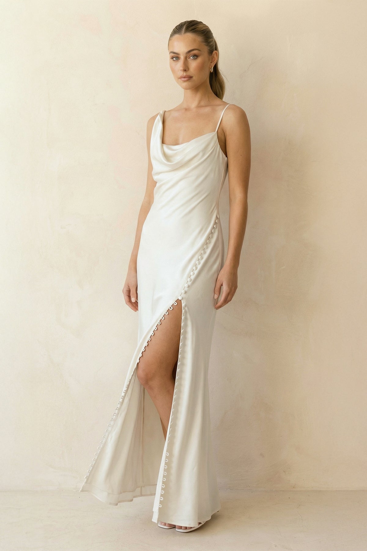 KissProm Cowl Neck Ivory Sheath Satin Wedding Dresses with Button Slit, Diamond White / 0
