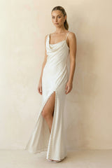 Cowl Neck Ivory Sheath Satin Wedding Dresses with Button Slit