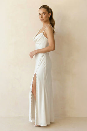 Cowl Neck Ivory Sheath Satin Wedding Dresses with Button Slit