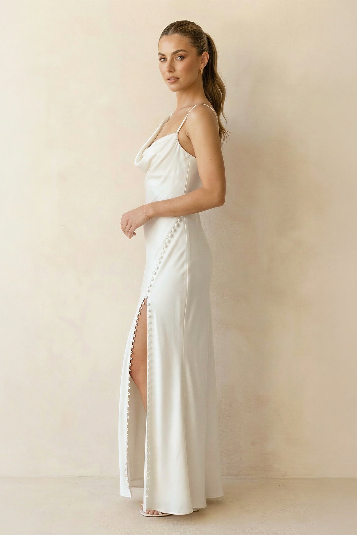 Cowl Neck Ivory Sheath Satin Wedding Dresses with Button Slit, Diamond White / 0