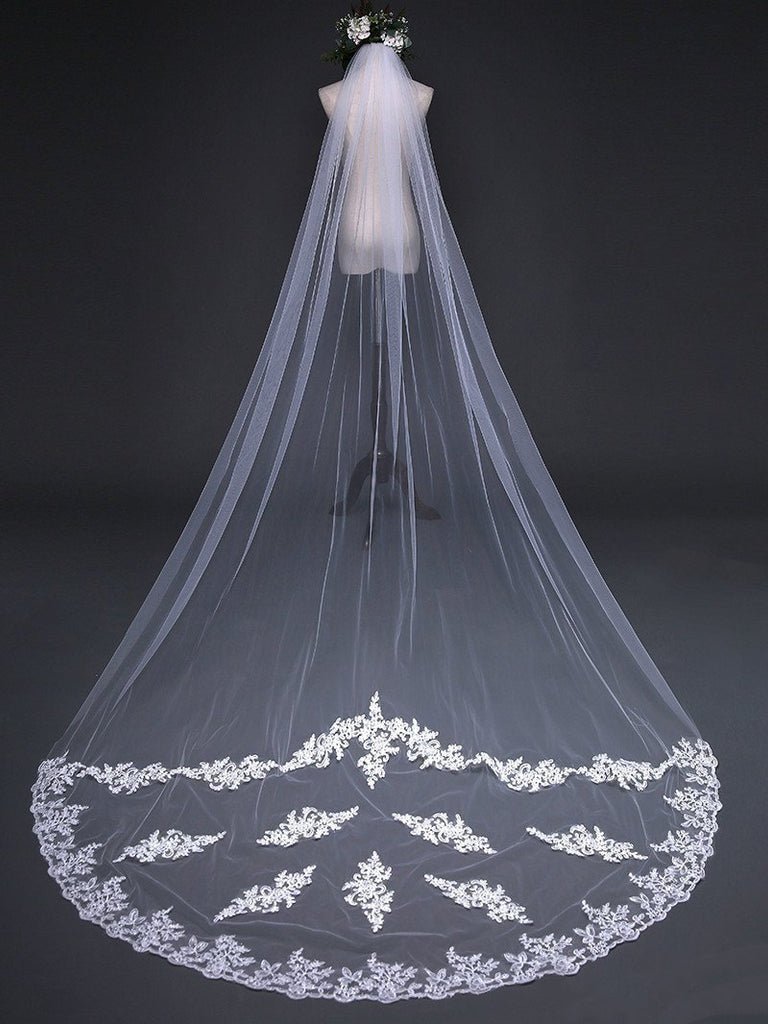 Simple One Tier White Cathedral Veils with Lace Train - KissProm