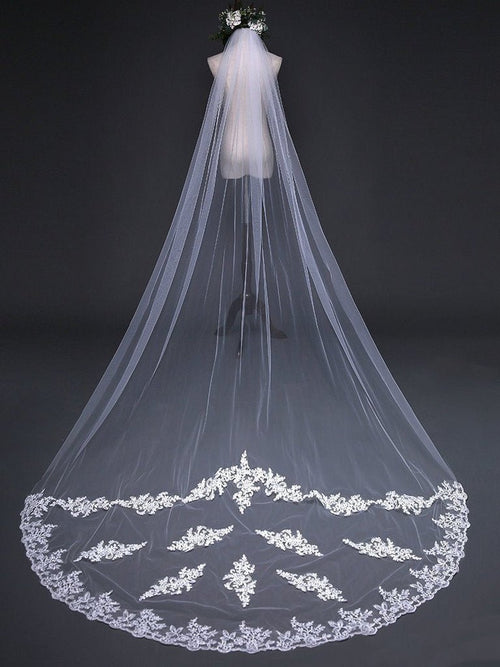 Simple One Tier White Cathedral Veils with Lace Train - KissProm