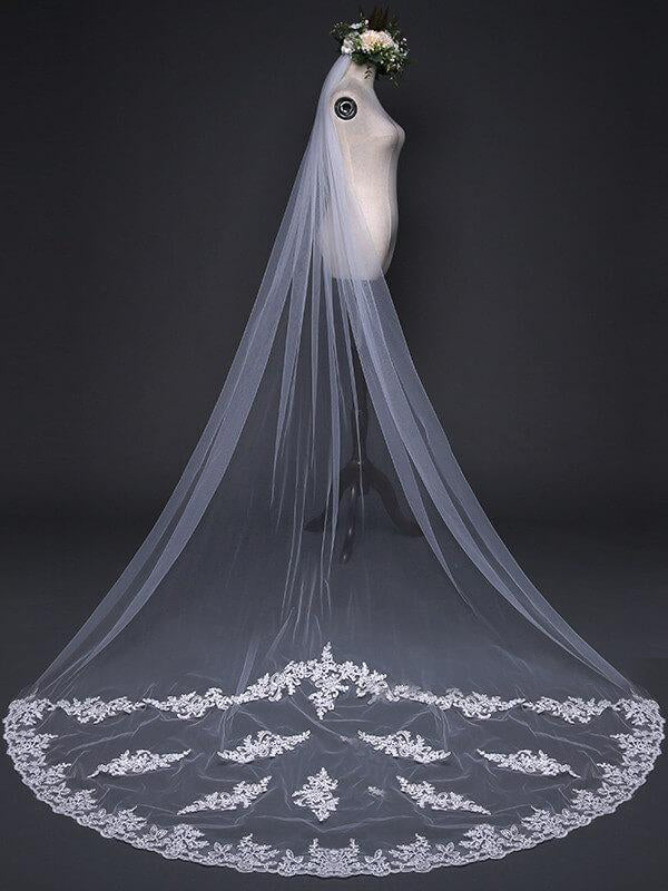 Simple One Tier White Cathedral Veils with Lace Train - KissProm