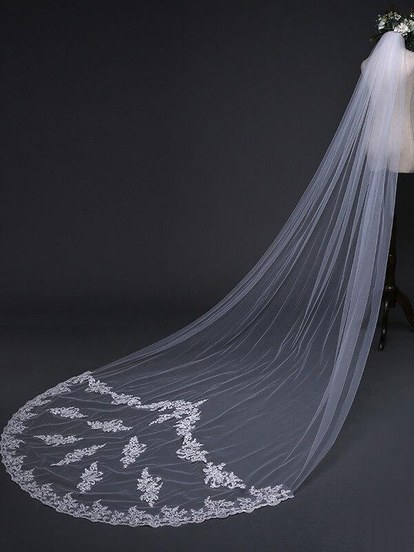 Simple One Tier White Cathedral Veils with Lace Train - KissProm