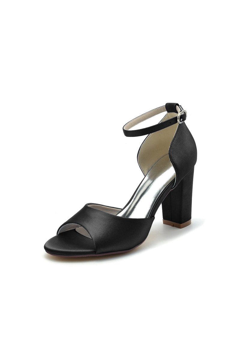 Simple Open Toe Ankle Strap Satin Chunky Heels - KissProm