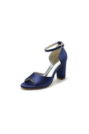 Simple Open Toe Ankle Strap Satin Chunky Heels - KissProm