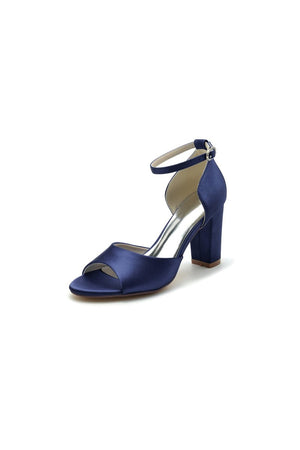 Simple Open Toe Ankle Strap Satin Chunky Heels - KissProm