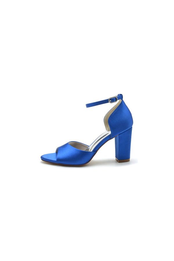 Simple Open Toe Ankle Strap Satin Chunky Heels - KissProm
