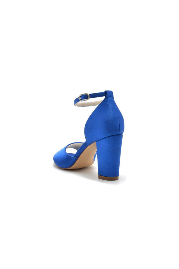 Simple Open Toe Ankle Strap Satin Chunky Heels - KissProm