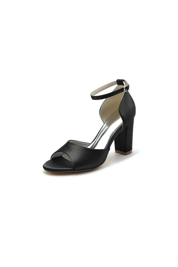 Simple Open Toe Ankle Strap Satin Chunky Heels - KissProm