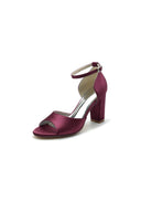 Simple Open Toe Ankle Strap Satin Chunky Heels - KissProm