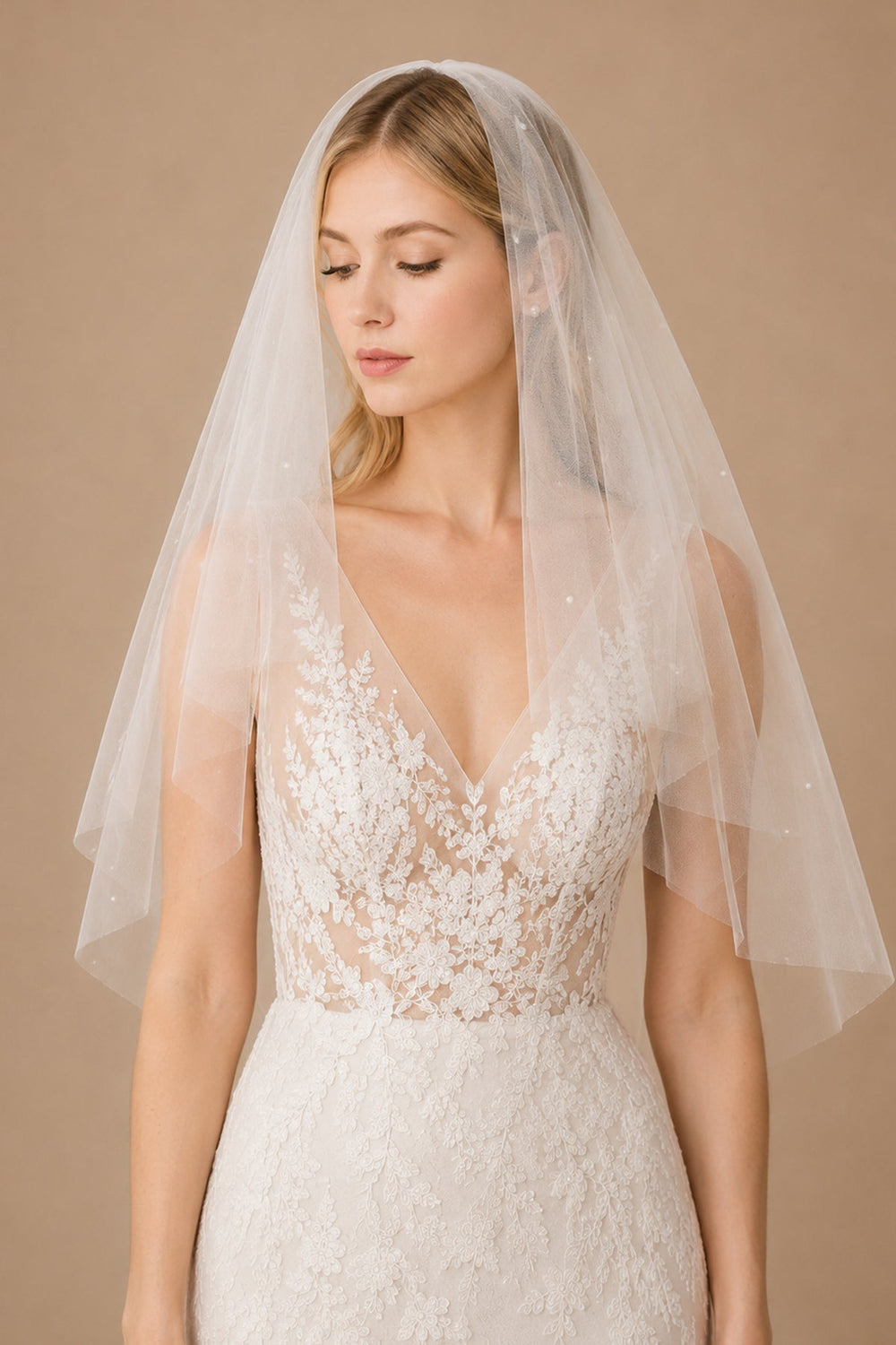 Simple Pearls Tulle Wedding Veil Waist Length in Ivory - KissProm Wedding Veils
