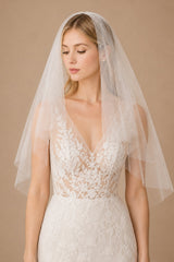 Simple Pearls Tulle Wedding Veil Waist Length in Ivory - KissProm Wedding Veils