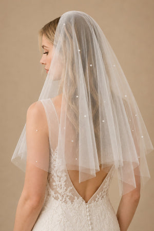 Simple Pearls Tulle Wedding Veil Waist Length in Ivory - KissProm Wedding Veils