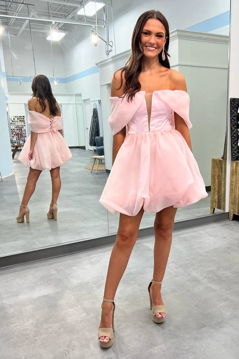 Lecia | Simple Pink A-Line Off the Shoulder Short Homecoming Dress