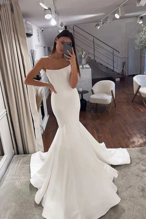 Simple Mermaid Strapless Satin Wedding Dress Bridal Gowns Simple Mermaid Strapless Satin Wedding Dress Bridal Gowns