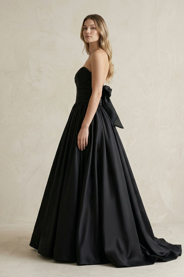 Simple Satin Ball Gown Ruched Wedding Dress in Black - KissProm Wedding Dresses