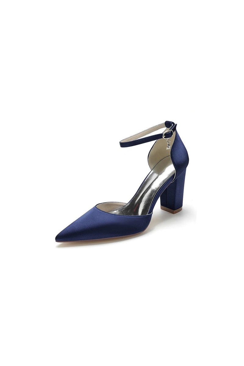 Simple Satin Pointed Toe Ankle Strap Chunky Heel - KissProm