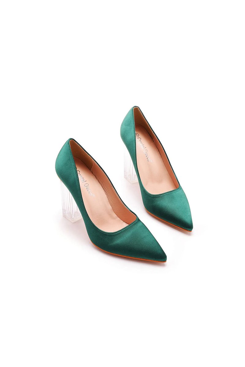 Simple Satin Slip on Pointed Toe Transparent Block Heels - KissProm