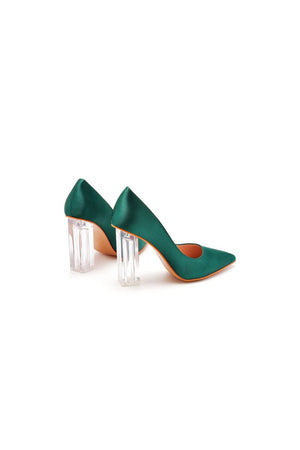 Simple Satin Slip on Pointed Toe Transparent Block Heels - KissProm