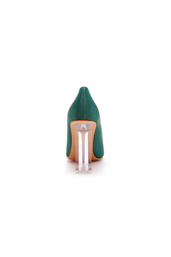 Simple Satin Slip on Pointed Toe Transparent Block Heels - KissProm