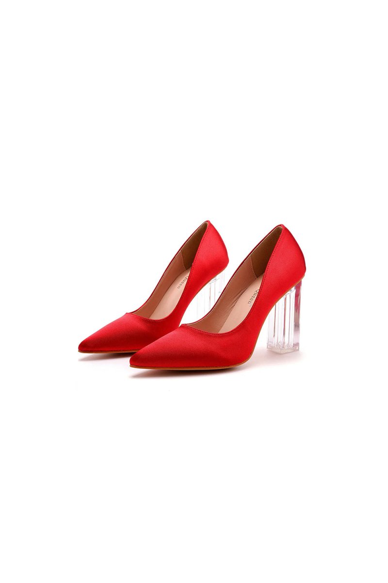 Simple Satin Slip on Pointed Toe Transparent Block Heels - KissProm