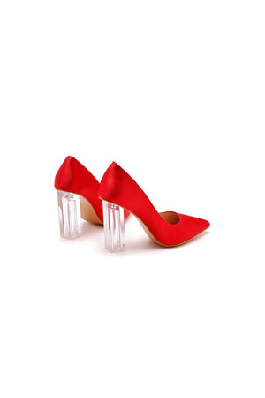 Simple Satin Slip on Pointed Toe Transparent Block Heels - KissProm