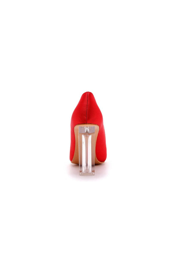 Simple Satin Slip on Pointed Toe Transparent Block Heels - KissProm