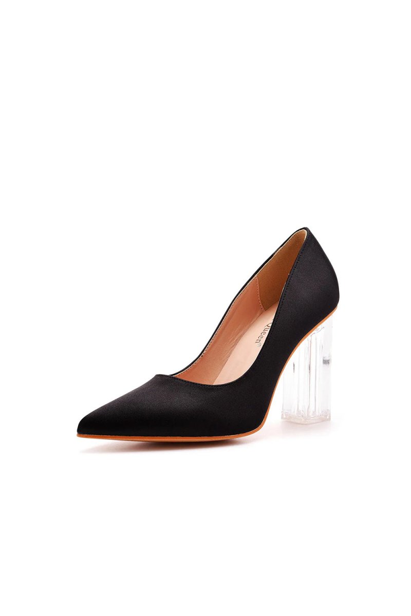 Simple Satin Slip on Pointed Toe Transparent Block Heels - KissProm