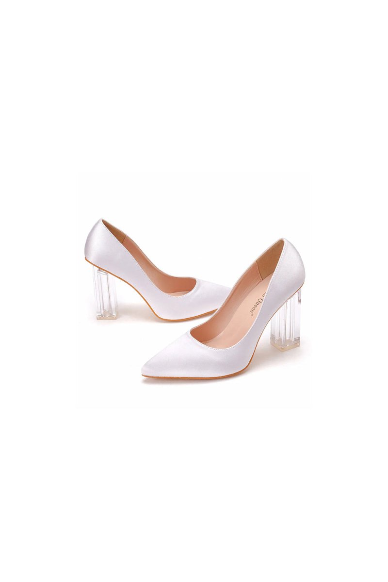 Simple Satin Slip on Pointed Toe Transparent Block Heels - KissProm