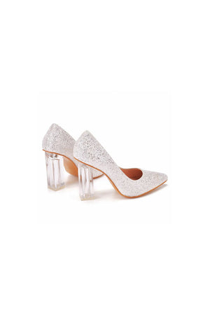 Simple Satin Slip on Pointed Toe Transparent Block Heels - KissProm
