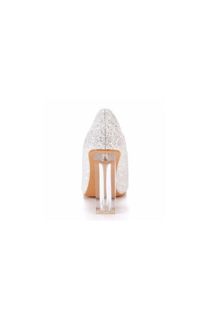 Simple Satin Slip on Pointed Toe Transparent Block Heels - KissProm
