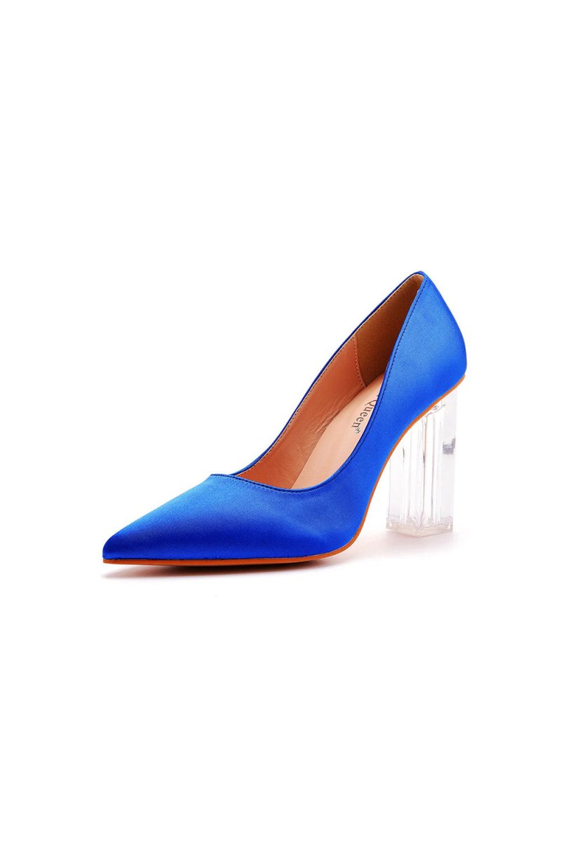 Simple Satin Slip on Pointed Toe Transparent Block Heels - KissProm