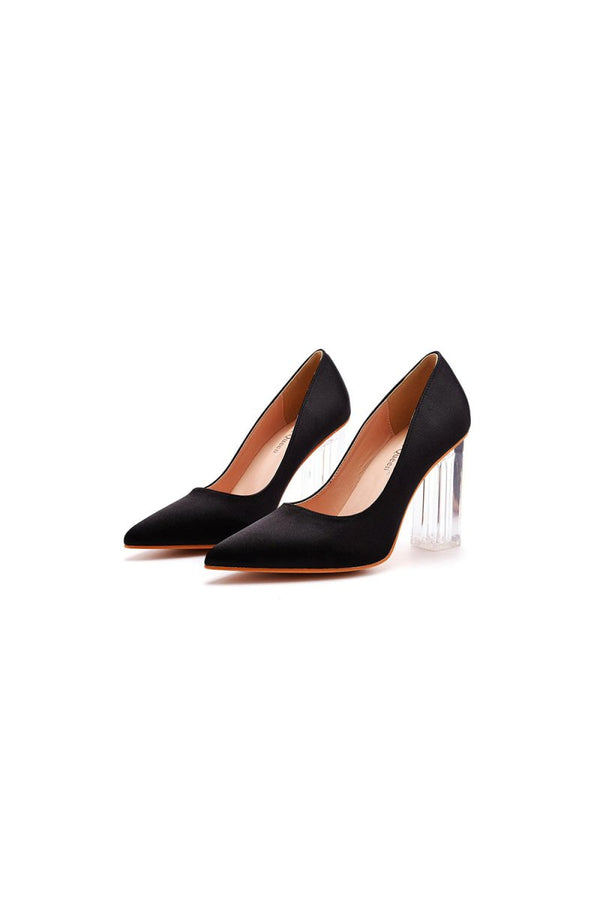 Simple Satin Slip on Pointed Toe Transparent Block Heels - KissProm